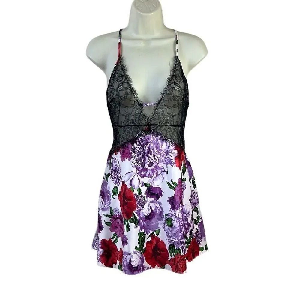 Victoria’s Secret Lace and Floral Cross Back Sheer Top Nightgown Camisole Size L